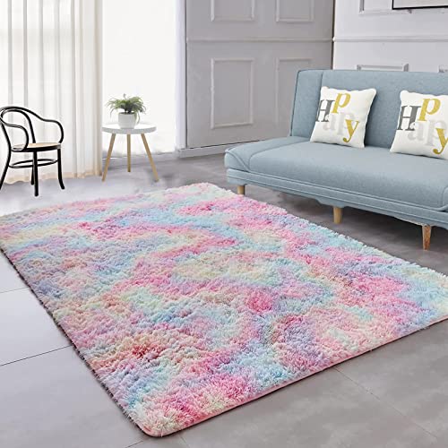 Shaggy Hochflor Teppich, Wohnzimmer Carpet - Anti-Rutsch Unterseite Soft Area Rug Fellteppich, für Küche oder Kinderzimmer, Schlafzimmer, Bettvorleger Flur Bodenmatte Regenbogenfarben (140 * 200cm) von CSARPECT