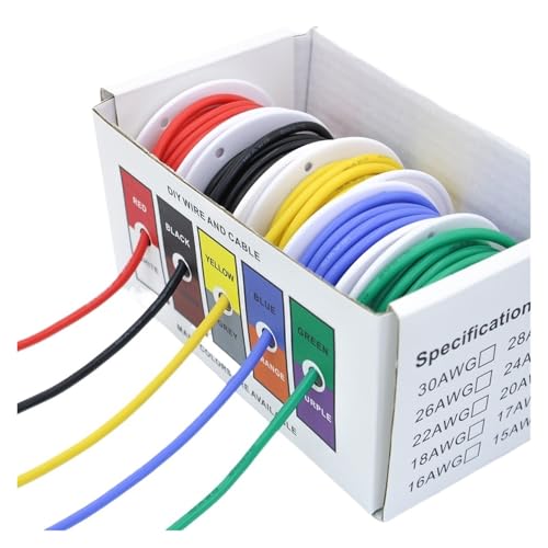 CSFFA Hitzebeständiger, weicher Silikondraht, 5 Farben in einem Box-Kit, 30/28/26/24/22/20/18 AWG, Litzenkabel, elektrischer verzinnter Kupferdraht(22AWG 50metres) von CSFFA