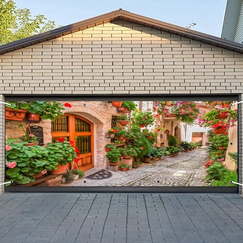 CSFOTO 2,1 x 4,8 m italienische Stadtstraße Thema Garagentor Dekoration Banner Toskana Blumen Straße schmale Gasse Outdoor Garage Dekoration Wandbild Frühling Urlaub Reise Bild Shooting Tapete von CSFOTO