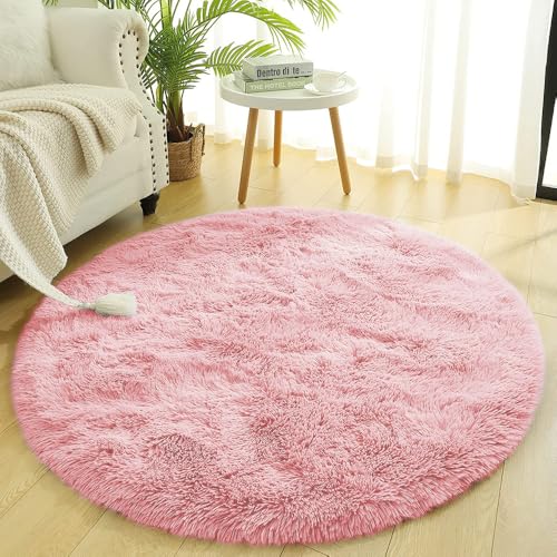 CSHWXY Teppich Wohnzimmer Rund Dicker Teppich Flauschig Großflächige Matte Boden Weicher Teppich Schlafzimmer Langer Plüschteppich Kinderzimmer Dekor,Rosa,120X120CM 4X4inch von CSHWXY