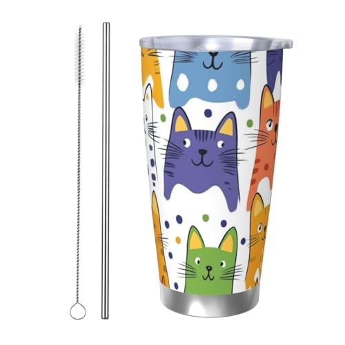 CSIVKEJ Trinkbecher mit niedlichem Katzenmotiv, Edelstahl, 590 ml, isolierter Becher mit Deckel und Strohhalm, passend für die meisten Autohalterungen von CSIVKEJ