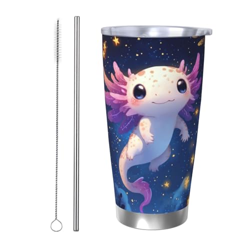CSIVKEJ Trinkbecher mit süßem Axolotl-Druck, 590 ml, Edelstahl-Wasserbecher, isolierter Becher mit Deckel und Strohhalm, Eiskaffeebecher von CSIVKEJ