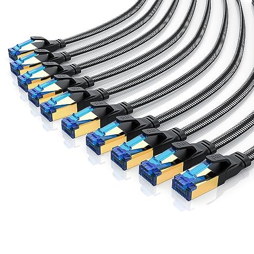CSL 10 x 0,25m CAT 8.1 Netzwerkkabel Flach 40 Gbits, Baumwollmantel LAN Kabel Patchkabel, RJ45 Ethernet Cable 40000 Mbits Geschwindigkeit Flachbandkabel Verlegekabel von CSL-Computer