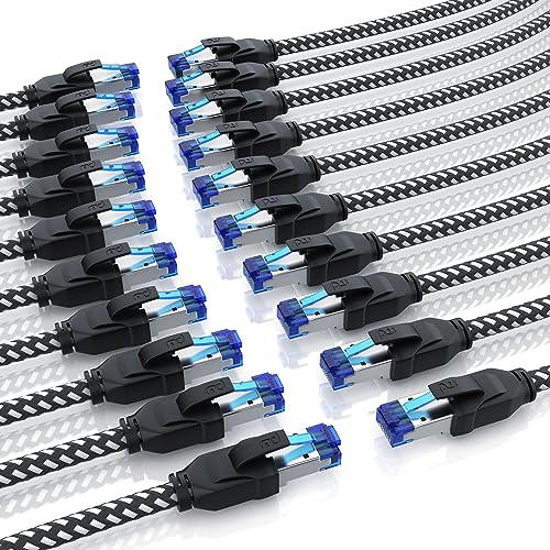 CSL - 20 x 1m CAT 8.1 Netzwerkkabel 40 Gbits, Baumwollmantel LAN Kabel Patchkabel Datenkabel RJ45, CAT 8 Gigabit Ethernet Cable, 40000 Mbits Geschwindigkeit S/FTP PIMF Schirmung schwarz von CSL-Computer