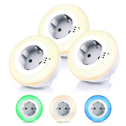 CSL - 3 x Nachtlicht für Steckdose mit Dämmerungssensor - LED Nachtlampe mit Helligkeitssensor - Auto ON OFF - Orientierungslicht mit 3 Lichtfarben Warmweiß Blau Grün - Kinder Erwachsene Senioren von CSL-Computer