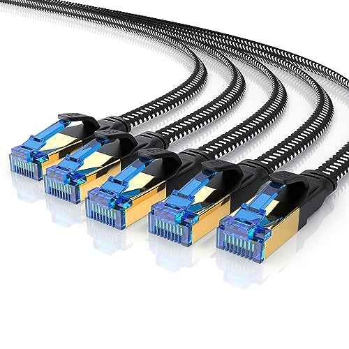 CSL - 5 x 1m CAT 8.1 Netzwerkkabel Flach 40 Gbits, Baumwollmantel LAN Kabel Patchkabel, CAT 8 Gigabit RJ45 Ethernet Cable, 40000 Mbits Geschwindigkeit Flachbandkabel, Verlegekabel Cat 6 Cat 7 von CSL-Computer