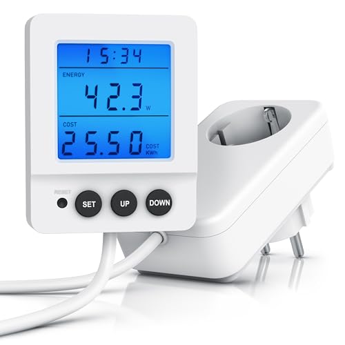 CSL - Energiekostenmessgerät Steckdsose – Strommessgerät digital – kabelgebundenes Display - LED beleuchtet - Stromzähler – 3 Tasten – Überlastanzeige – 3680 Watt von CSL-Computer