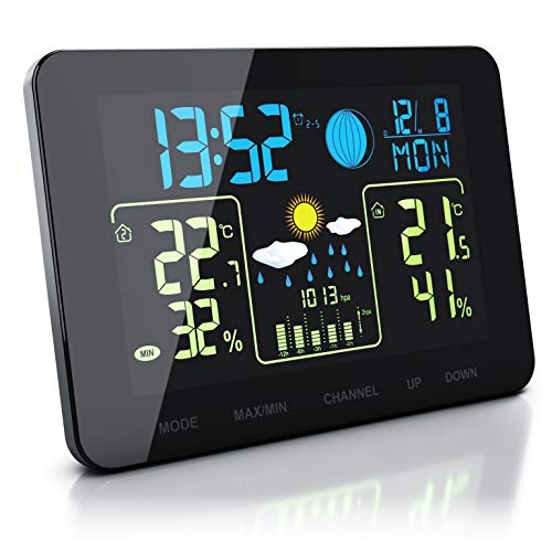 CSL - Funk Wetterstation mit Farbdisplay und Außensensor - Innen und Außentemperatur - Touch Buttons - Barometer mit Luftdruckhöhenausgleich - Frostalarm - 2 Weckalarme - LCD Display von CSL-Computer