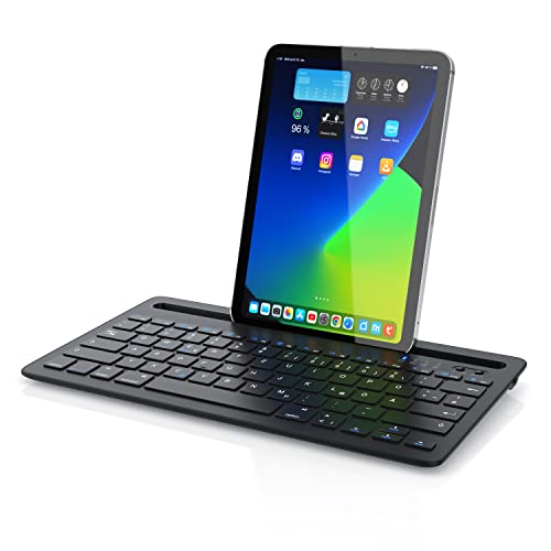CSL - Kabellose Tastatur mit Tablet Halterung, Bluetooth Tastatur, Deutsches QWERTZ-Layout, kompatibel mit Android, iOS, Windows, Schwarz von CSL-Computer