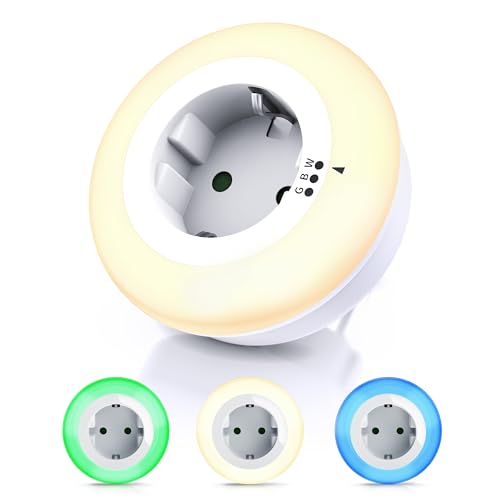 CSL - Nachtlicht Steckdose mit Dämmerungssensor - LED Nachtlampe mit Helligkeitssensor - Auto ON OFF - Orientierungslicht mit 3 Lichtfarben Warmweiß Blau Grün - Kinder Erwachsene Senioren von CSL-Computer