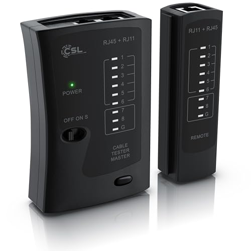 CSL - Netzwerktester - Netzwerk Kabeltester - für RJ45 und RJ11/12(25)/14 Kabel - Patchkabel Tester - LAN network cable tester - 2 Geschwindigkeiten - Prüf-LEDs zum präzisen Testen von CSL-Computer