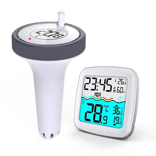 CSL - Poolthermometer Funk digital – Basisstation mit Schwimmer – Wassertemperatur Innentemperatur Luftfeuchtigkeit - DCF Uhrzeit – Pool Thermometer schwimmend mit bis 60 m Reichweite von CSL-Computer
