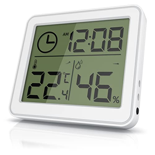 CSL - Thermometer Hygrometer - Temperatur und Luftfeuchtigkeit – Uhrzeit - gut ablesbare LCD-Anzeige – Magnethalter, Aufhängeöse und Standfuß - inkl. Batterie - weiß von CSL-Computer