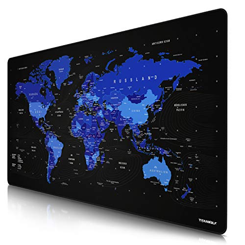 CSL - Übergröße DEUTSCHES Layout Titanwolf Mauspad 1200x600mm Weltkarte - XXXL Mousepad groß mit Motiv - Tischunterlage Large Size - XXL Gaming z.B. für Logitech Maus und Tastatur - blau von CSL-Computer
