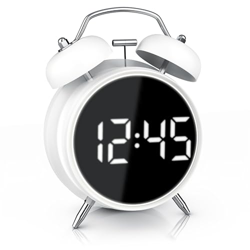 CSL - Wecker digital - Retro Design – lauter Glockenalarm - LED Anzeige – Akustiksteuerung – Zeit und Datum – Schlummerfunktion – Batteriebetrieb oder USB - ohne Ticken - weiß von CSL-Computer