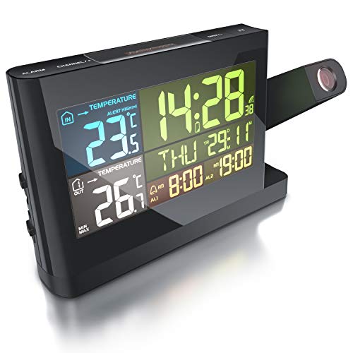 CSL - Wecker digital mit ausklappbarer Projektion – Funkwecker DCF - Wetterstation – Außensensor - Temperaturalarm - duale Weckzeit und Snooze - Dimmer - min. und max-Wert – Netzteil von CSL-Computer