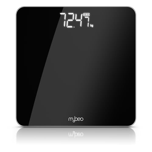 MyBeo - Digitale Personenwaage - Körperwaage aus Glas – 5 bis 180 kg – große Anzeige - LCD Display - kg und lb – DMS Sensoren – 6 mm Sicherheitsglas – automatisches Einschalten - Schwarz von CSL-Computer