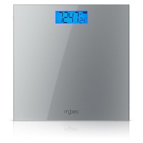 MyBeo - Personenwaage digital glas – max. 180 kg – große Anzeige - blaues LCD Display - kg und lb – DMS Sensoren – 6 mm Sicherheitsglas – automatisches Einschalten - Körperwaage silber von CSL-Computer