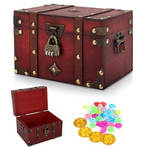 CSPone Buchsafe Mit Zahlenschloss Mini-Buchsafe Mit Zahlenschloss Aufbewahrungsbox Dekorative Schatzkiste Aus Leder Truhe Aus Holz 22x15x14 (L) Schatztruhe Hochzeit Kindergeburtstag Piratenschatz von CSPone