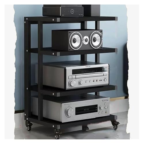 Stufiger HiFi Rack, Plattenspieler-Ständer, Medienaufbewahrungsschrank 4/5/6-Tier-Stereo-Rack Holz-Entertainment-Rack mit Bremsrollen(Black,4 Tier) von CSYQPDMBDL