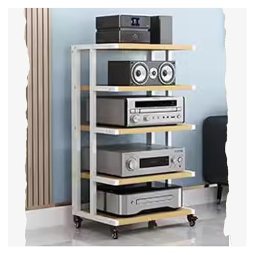 Stufiger HiFi Rack, Plattenspieler-Ständer, Medienaufbewahrungsschrank 4/5/6-Tier-Stereo-Rack Holz-Entertainment-Rack mit Bremsrollen(White+Walnut,5 Tier) von CSYQPDMBDL
