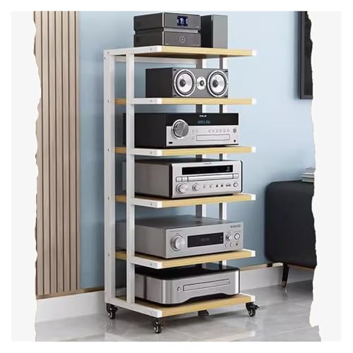Stufiger HiFi Rack, Plattenspieler-Ständer, Medienaufbewahrungsschrank 4/5/6-Tier-Stereo-Rack Holz-Entertainment-Rack mit Bremsrollen(White+Walnut,6 Tier) von CSYQPDMBDL