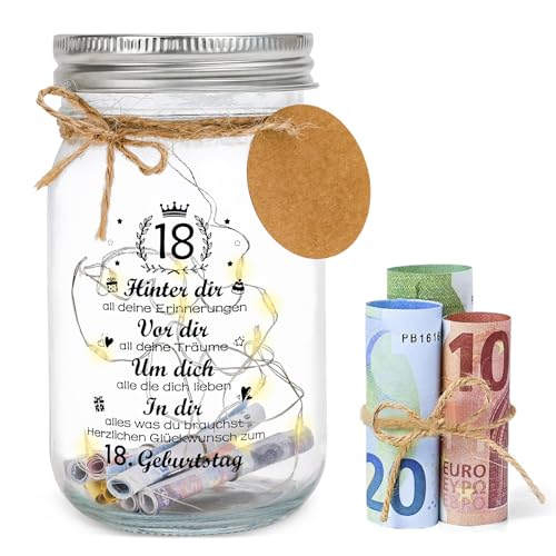 18. Geburtstagsgeschenk Geld Leuchtflasche für Geldgeschenke, Mädchen Junge zum 18. Personalisiert LED Flaschenlicht Geburtstag Geschenk 18 Jahre alt Dekoflasche Spardose von CSYY