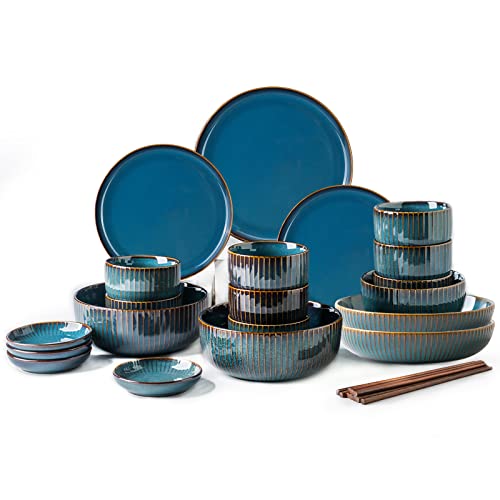 28 Teilig Keramik Teller Set Tafelservice für 8 Personen Porzellan Tafelservice mit Schalen Speiseteller Dipschalen Essstäbchen Modern Blau von CSYY