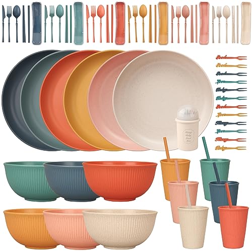 Unzerbrechliches Geschirr Set 6 Personen, 66 Teiliges Camping Geschirr Set Plastikgeschirr Picknick Geschirr Sets Leicht Bunt Grill Kunststoff Servierteller Schüsseln Besteck Set von CSYY