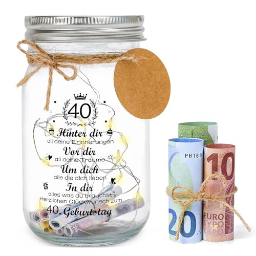 CSYY Geburtstagsgeschenk Geld Leuchtflasche für Geldgeschenke, Personalisiert LED Flaschenlicht Geschenk Dekoflasche für Freundin Frauen Mädchen Junge (40th) von CSYY