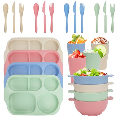 Unzerbrechliches Geschirr Set für 4 Personen, 24 Stück Kunststoff Geteilte Teller Sets, Schüsseln Set, Besteck Set, Wiederverwendbares Geschirr-Set für Erwachsene Kinder Schule, Büro, Zuhause, Party von CSYY