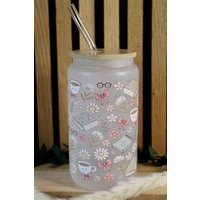 Trinkglas - Buch-Schleifchen/Glas Mit Bambusdeckel + Glasstrohhalm Becher von CSZauberwerkstatt