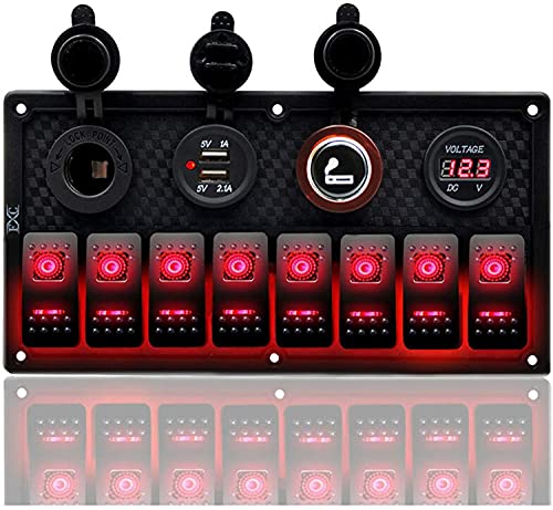 Geloo Marine Boat 8 Gang Toggle Rocker Switch Panel wasserdicht ON-OFF Zündschalter mit digitaler Spannungsanzeige 3.1A Double USB Ladegerät 12V Cigarette Lighter Sockel für Auto LKW Yacht von Geloo