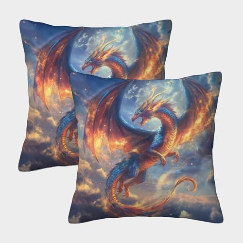 CTAMM 2er-Pack Kissenbezug 50x50cm Deko-Kissenbezug Vergoldetes Blau Roter Drache-Himmel 3D-Muster Sofa Wohnzimmer Balkon Garten Auto von CTAMM