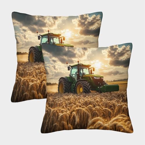CTAMM Green Traktor Kissenbezug 40x40cm 2er-Pack Outdoor-Kissen Dekorativer Kissenbezug Weizenfeld Kissenbezug Eignet Sich Für Sofa- Und Wohnzimmer-Dekokissen von CTAMM