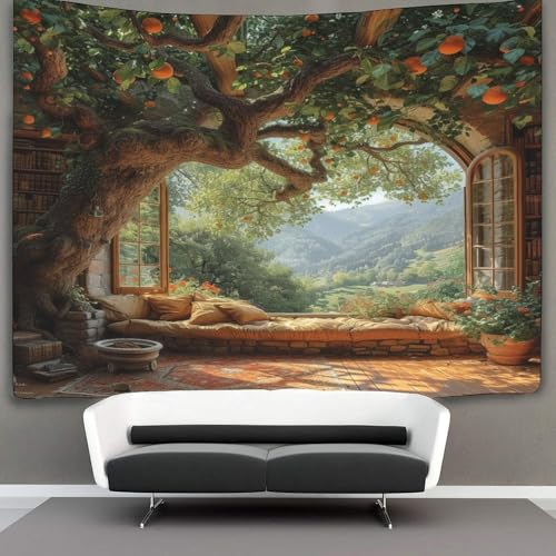 CTAMM Großes Fenster Wandteppich Wandbehang Wandtuch Tapestry Wall Hanging,Wandteppich There Is A Big Baum Hanging in The Window Wanddeko Für Schlafzimmer Wohnzimmer Wohnheim 180cmx230cm von CTAMM