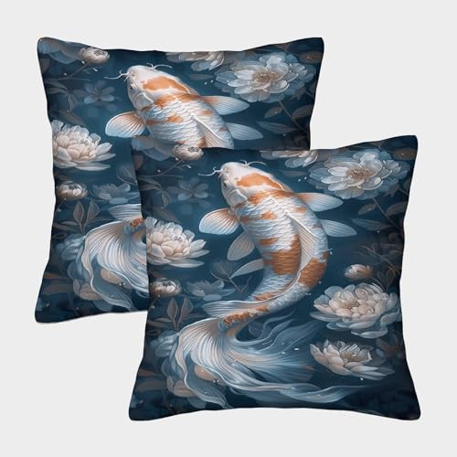 CTAMM Koi 2 Stück Kissenbezug,Thema Deko Kissenhülle Sofa Fische Kissenbezüge Outdoor Garten Versteckter Reißverschluss Innen Deko 45x45cm von CTAMM