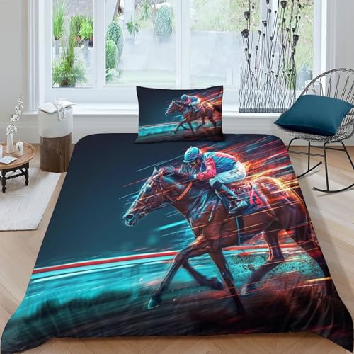 CTAMM Pferd Rennen 3D Effekt Sport Bettwäsche-Set, Mit Kissenbezüg Und ReißverschlusseBettbezug,Microfaser Bettwäsche Für Männer Und Frauen Teenager Single（135x200cm） von CTAMM