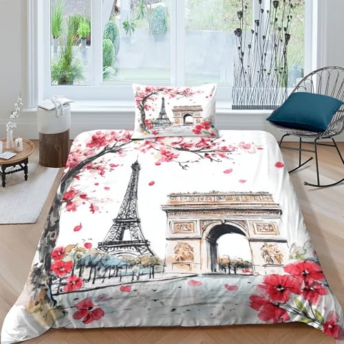 CTAMM Sakura, Eiffelturm Bettwäsche-Set, Skizzenstil 3D Druck,Microfaser Bettbezug,Kopfkissenbezug,3-teilig Für Erwachsene Kinder Teenager Single（135x200cm） von CTAMM