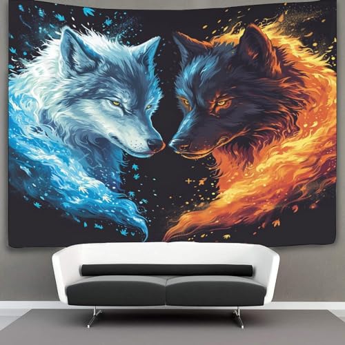 CTAMM Wölfe Tapisserie Feuer und Kälte Wandteppich Wandbehang Für Schlafzimmer Wohnzimmer Schlafsaal 150cmx200cm von CTAMM