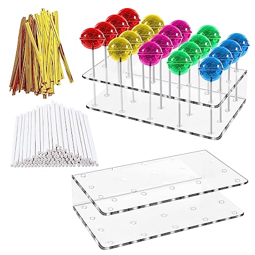 2 Stück Cake Pop Ständer 20 Löcher Lollipop Holder mit 100 Cake Pop Stiele & 100 Gold Twist Krawatten Cake Pop Halter Ständer Lollipop Halter Lutscher Halter für Süßigkeiten Hochzeit Geburtstag Backen von CTDMJ