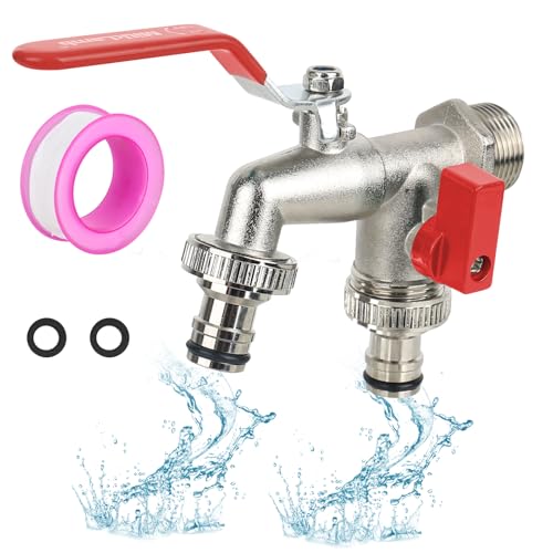 ‎CTDMJ® Premium 3/4 Zoll Wasserhahn Garten Doppel Wasserhahn Messing Kugelhahn Aussen Frostsicher Auslaufhahn 2* Gratis Schlauchanschlüsse, 1* Rollendichtband, Doppelanschluss und Schlauchtülle von CTDMJ
