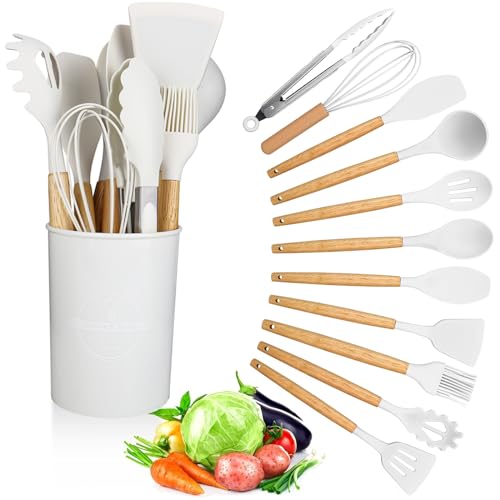 CTDMJ Küchenhelfer-Set, 12-teilig, Silikon-Kochutensilien-Set mit Holzgriff, Antihaft-Kochlöffel, Utensilien-Set, hitzebeständig, Küchenutensilien (weiß) von CTDMJ
