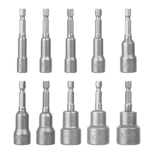 CTDMJ Magnete Sechskant Stecknuss10er Set, 6-19mm Steckschlüssel, Stecknuss Set, (Chrom Vanadium Stahl) [Energieklasse A] Anschrauben Schraubenschlüssel für Bohrer von CTDMJ