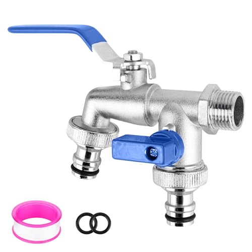 ‎CTDMJ Wasserhahn Garten Doppel Auslaufhahn 1/2 Zoll & 3/4 Zoll Kugelhahn Doppelwasserhahn aus Messing mit 2 * Gratis Schlauchanschlüsse1*Rollendichtband, Doppelanschluss und Schlauchtülle (Blau) von CTDMJ