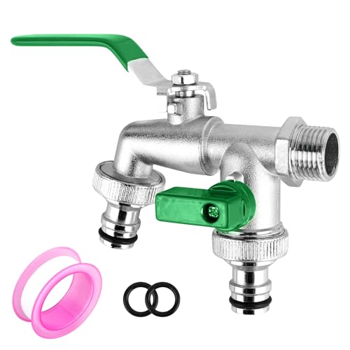‎CTDMJ Wasserhahn Garten Doppel Auslaufhahn 1/2 Zoll & 3/4 Zoll Kugelhahn Doppelwasserhahn aus Messing mit 2 * Gratis Schlauchanschlüsse1*Rollendichtband, Doppelanschluss und Schlauchtülle (Grün) von CTDMJ