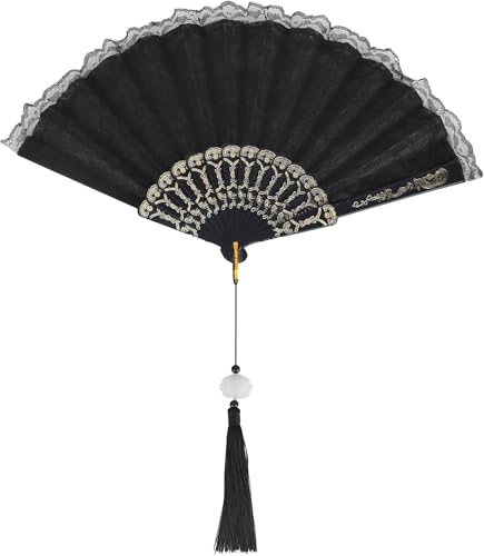 Handfächer, J Lace White Fan Lace Handfächer Hochzeit Fan Brautfächer Weiß Handfächer mit Seide Geschenktüte Faltfächer Tanzfächer Faltfächer (Schwarz) von CTDMJ
