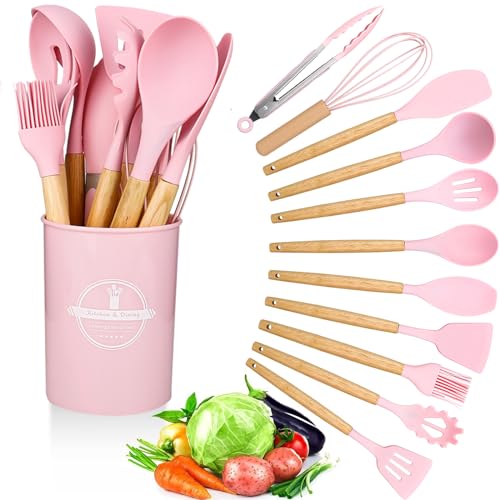 Küchenhelfer-Set, 12-teilig, Silikon-Kochutensilien-Set mit Holzgriff, Antihaft-Kochlöffel, Utensilien-Set, hitzebeständig, Küchenutensilien, hitzebeständiges Set (Rosa) von CTDMJ