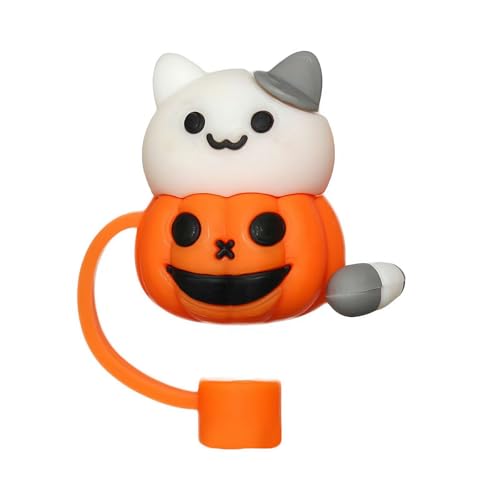 Silikon-Trinkhalm-Aufsatz für Stanley, Halloween-Strohabdeckkappe, spritzwassergeschützt, wiederverwendbare Strohhalmkappe, Trinkhalmspitzen-Abdeckung für Stanley (orangefarbene Kürbiskatze) von CTDWNT