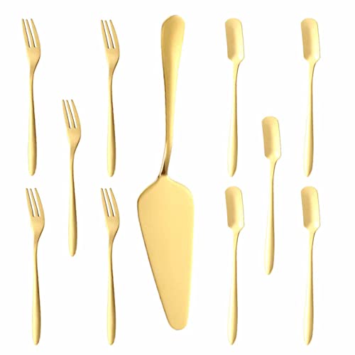 CTForest 11 Stücke Gold Kuchen Besteck Servierset, Edelstahl Tortenheber, Kuchengabeln und Dessertlöffel, Geeignet für Partys, Hochzeiten Oder Geburtstage(Gold) von CTForest